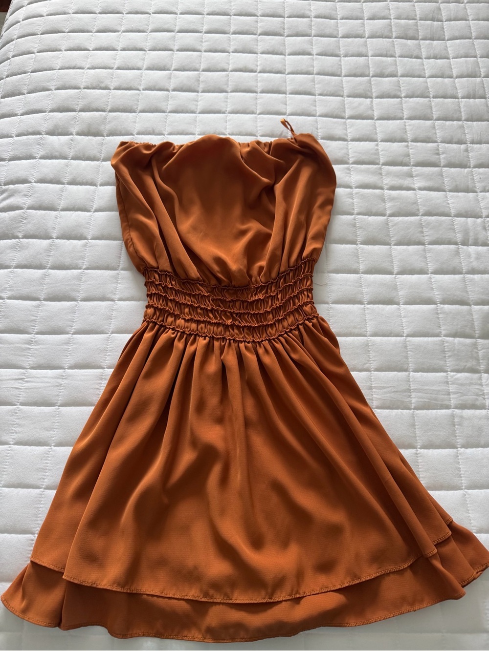 Blue Sky Strapless Smocked-Waist Dress in Rust Orange